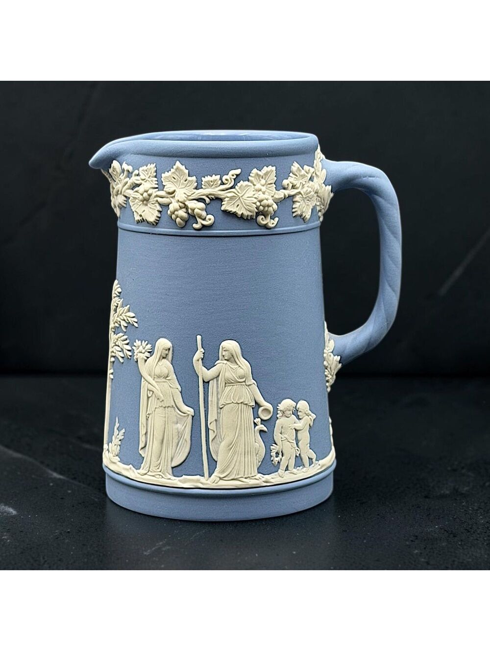 Vintage Wedgwood Blue Jasperware Pitcher Jug Classical Relief Made in England